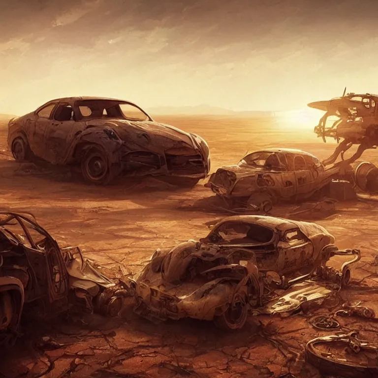 Image similar to A car trudging across a vast desert under an unrelenting sun. award winning. superb resolution. in the art style of greg rutkowski and alphonse mucha. Detailed post-apocalyptic wasteland in background. Hyper realistic. Perfect art.