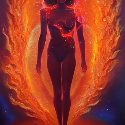 Image similar to A beautiful painting of a female cosmic being with flames as her body by Jim Burns, 8K, ultra-detailed , Trending on artstation.