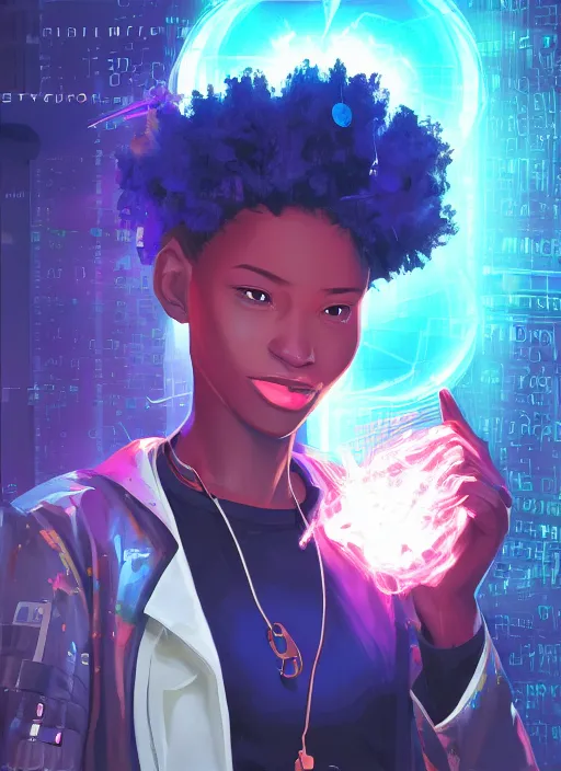 Prompt: afro - cyberpunk scientist, computers and holograms, hacking the metaverse | hyperrealistic oil painting | by makoto shinkai, ilya kuvshinov, lois van baarle, rossdraws, basquiat | afrofuturism, in the style of hearthstone, trending on artstation | dark color scheme