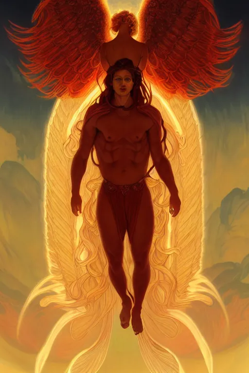 Image similar to symmetrical fullbody portrait of a beautiful young fit male angel with curly blond hairs, fulldressed in long fluent red clothes, majestic big demon wings, luminous fire halo, by greg rutkowski and alphonse mucha, gradient white to gold, in front of an hellish landscape background, highly detailed portrait, digital painting, artstation, concept art, smooth, sharp focus illustration