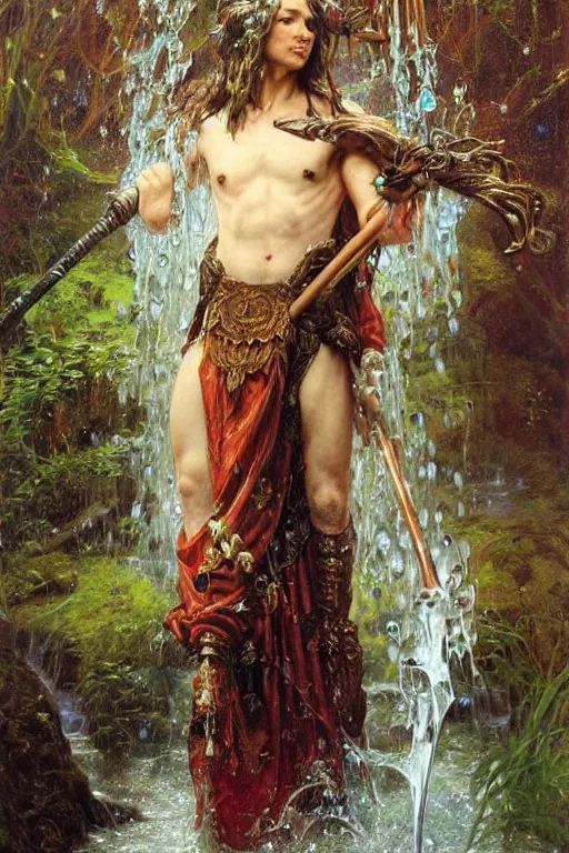 Prompt: portrait of a man wearing a knight robe, holding a fantasy staff, drenched body, wet dripping hair, emerging from the water, fantasy, regal, fractal crystal, fractal gems, by stanley artgerm lau, thomas kindkade, alphonse mucha, loish, norman rockwell