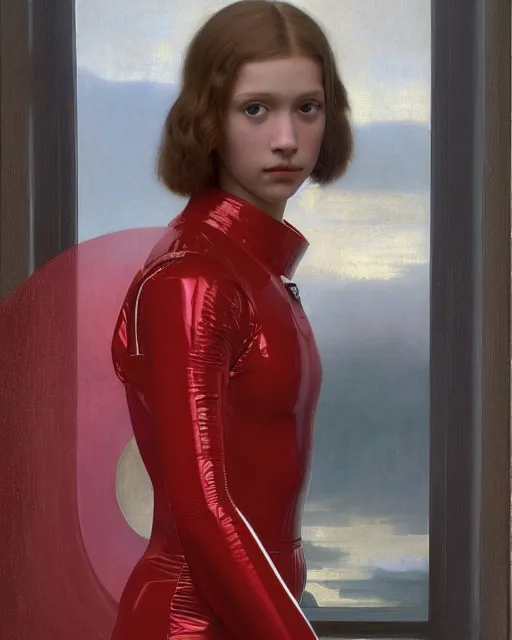 Image similar to a window - lit realistic portrait painting of a thoughtful girl resembling a young, shy, redheaded alicia vikander or millie bobby brown wearing a futuristic red plastic spacesuit, lit by an oval window at the side, highly detailed, intricate, by vermeer, william bouguereau, and donato giancola, and vermeer