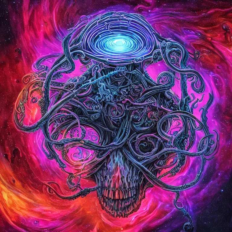 Image similar to a center frame giant skull with intricate rune carvings and glowing eyes with thick lovecraftian tentacles emerging from a space nebula by dan mumford, symmetry, twirling smoke trail, a twisting vortex of dying galaxies, digital art, vivid colors, highly detailed