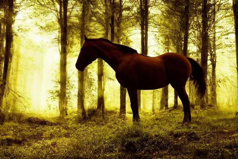 Prompt: beautiful horse in the forest evening natural light, fireflies, by Emmanuel Lubezki