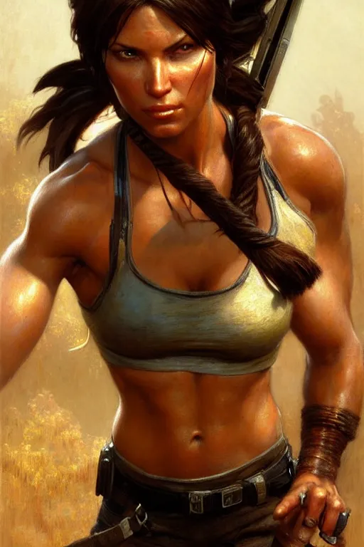 Image similar to muscular sweat lara croft, dora hair highly detailed painting by gaston bussiere, craig mullins, j. c. leyendecker 8 k