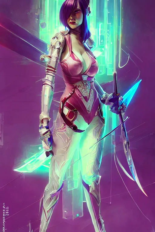 Image similar to fiora from league of legends, cyberpunk futuristic neon. fencing, long sword in her hand, decorated with traditional japanese ornaments by ismail inceoglu dragan bibin hans thoma greg rutkowski alexandros pyromallis nekro rene maritte illustrated, perfect face, fine details, realistic shaded, fine - face, pretty face, masterpiece