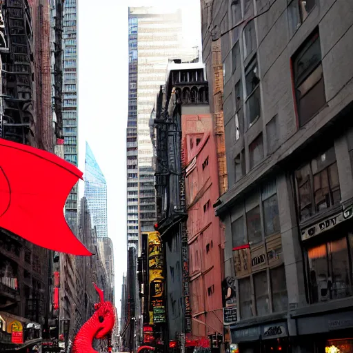 Image similar to a red flying dragon in the streets of New-York city