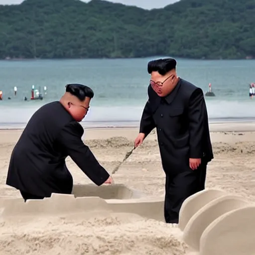 Prompt: kim jong un building sandcastle at the beach