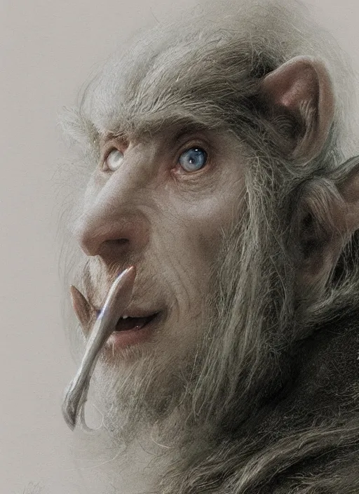 Image similar to portrait of a white rat as a hobbit, by alan lee, lord of the rings, smooth, oil painting, matte painting, concept art, trending on artstation, promotional artwork, film still, elegant, photorealistic facial features, intricate, detailed face, cinematic lighting