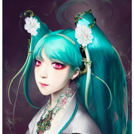 Prompt: a beautiful portrait of hatsune miku as a 1 6 th century noblewoman, fantasy, intricate, elegant, highly detailed, digital painting, artstation, concept art, matte, sharp focus, illustration, luminist and baroque style