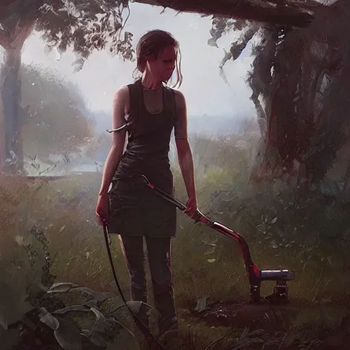 Image similar to girl is working in garden with pruning shears, artstation greg rutkowski, cinematic