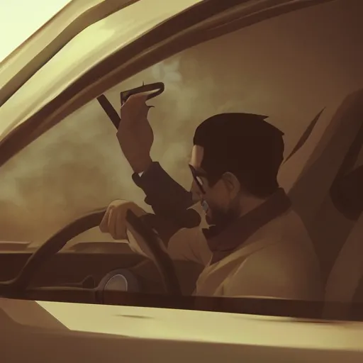 Prompt: saudi arab man smoking inside a car, highly detailed, elegant, sharp focus, anime, digital art, in the style of greg rutkowski and craig mullins 4 k