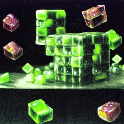 Image similar to gelatinous cubes being processed into magic items with the juice made from their bodies, d & d, dave mckean