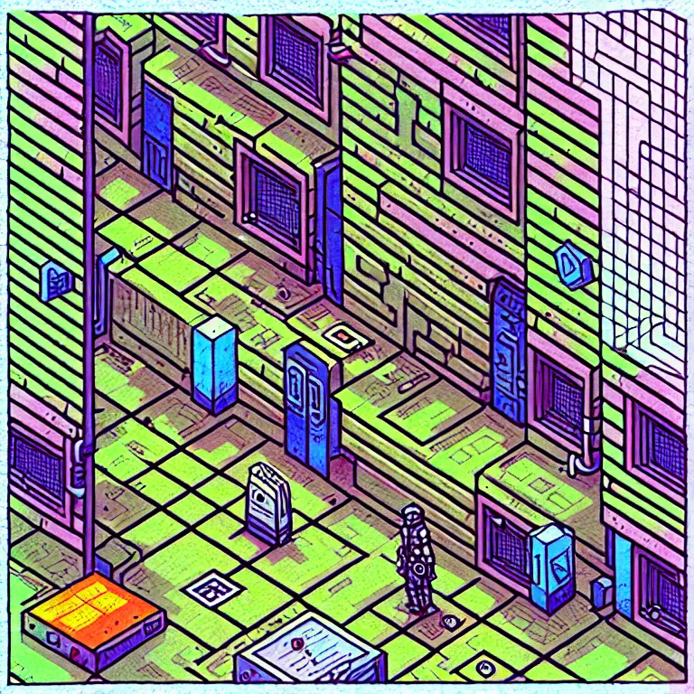 Image similar to an absurdly-detailed isometric cyberpunk alleyway colored-pen drawing as a fancy square tile