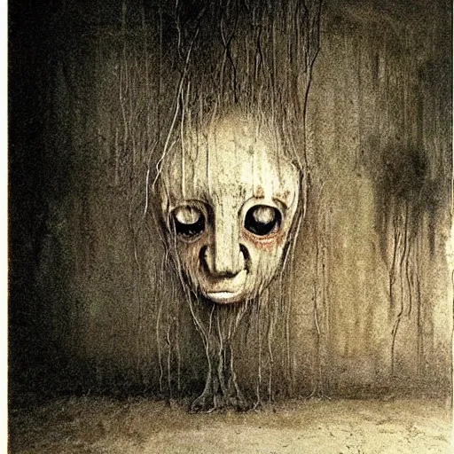 Image similar to found footage of floating mask in abandoned house. grainy creepy, children illustration. art by zdizslaw beksinski - andy riley