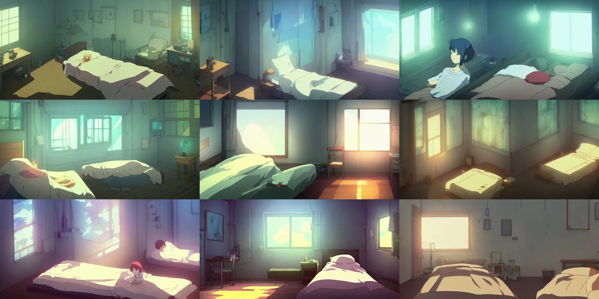 Prompt: comfortable and empty badroom, diffuse light, a close - up, digital art, illustrations, by makoto shinkai and studio ghibli, look at the front horizontally