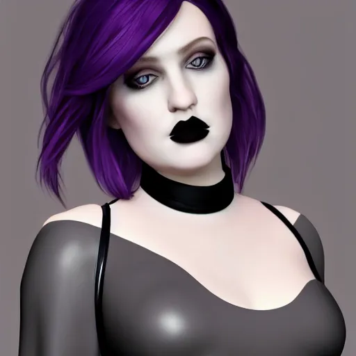 Prompt: comforting portrait of a pale curvy goth woman with elegant multilayered black-purple-grey tight leather high-neck striped dress, photorealistic, sublime, 16k, smooth, sharp focus, cgsociety, trending on ArtStation, volumetric lighting