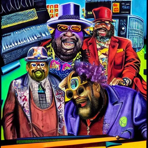 Image similar to beautiful lifelike painting of george clinton performing atomic dog and loopzilla megamix with roger troutman and fatman scoop, hyperreal detailed facial features and uv lighting, art by ed roth and basil wolverton