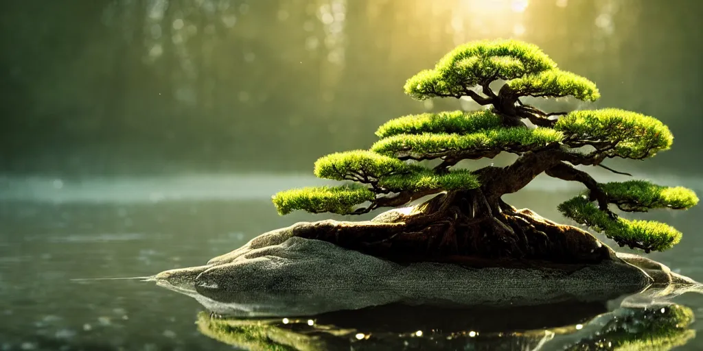 Prompt: photo bonsai cedar on a cnn emerald in the water, gold hour, soft lighting, light fog, medium full shot, volumetric lighting, beautiful, ultra detailed, cgsociety by leesha hannigan, thierry doizon, 3 5 mm, fujifilm, cinematic, realistic