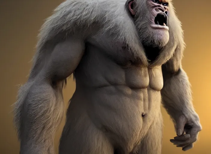 Image similar to extremely scary angry old tough rough looking albino warrior gorilla. scars, scary, gruffness, interesting 3 d character concept by square enix, in the style of league of legends, hyper detailed, cinematic, final fantasy, character concept, ray tracing, fur details, maya, c 4 d, artstation