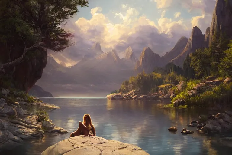 Image similar to an epic cinematic masterpiece of hyperrealism in which a girl sits on a rock by a lake with her feet in the water, a realistic poster with shaded lighting from craig mallismo, artgerm, jeremy lipkin and michael garmash, unreal engine, radiant light, detailed and complex environment, digital art, art station trends