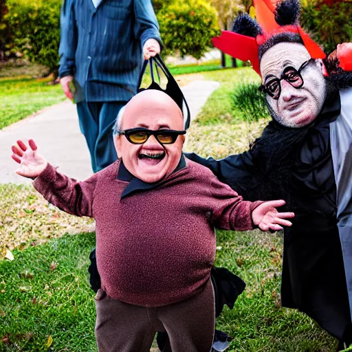 Image similar to danny devito trick or treating, ( sony a 7 r iv, symmetric balance, polarizing filter, photolab, lightroom, 4 k, dolby vision, photography awardm, voque, perfect face )