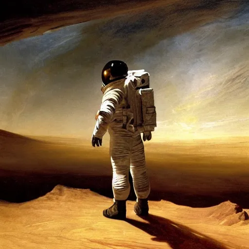 Image similar to astronaut standing on the surface of mars, looking at the turbulent sky on the horizon as painted by caravaggio as painted by turner, high detail 8 k render