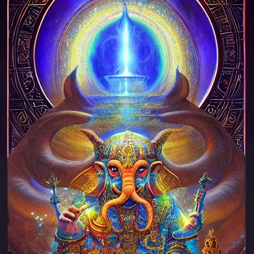 Image similar to artstation, intricate details, hyper details, by gilbert williams, deva ganesha in their palace and sacred realm, eastern mysticism, spiritual alchemy, esoteric, ether, 5 th element, dark energy dark matter, hermetic,