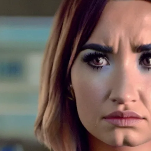 Image similar to close-up of Demi Lovato as a Diana Scully in an X-Files movie directed by Christopher Nolan, movie still frame, promotional image, imax 35 mm footage