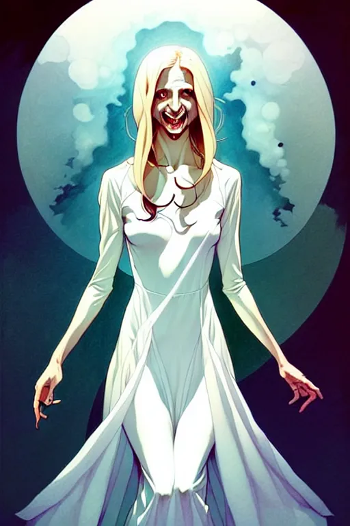 Prompt: artgerm, joshua middleton comic cover art, pretty ghost sarah michelle gellar entire full body, floating, creepy smile, white dress, friendly, translucent skin, symmetrical eyes, symmetrical face, middle shot, long white hair, inside haunted house