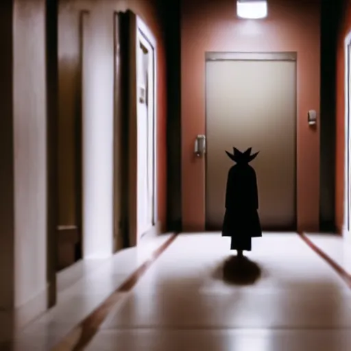 Image similar to A grotesque monster is standing in a yellow dimly lit hallway, cinematic film still.