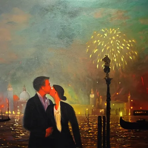 Image similar to an oil painting of couple kissing, in a background fireworks in venice