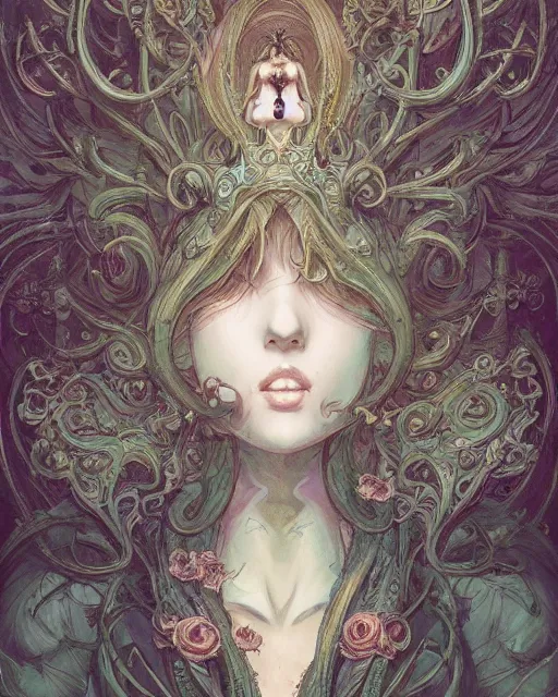 Image similar to a beautiful detailed front view of a pretty anime girl with ornate growing around, ornamentation, baroque architecture, elegant, beautifully soft lit, by wayne barlowe, peter mohrbacher, kelly mckernan