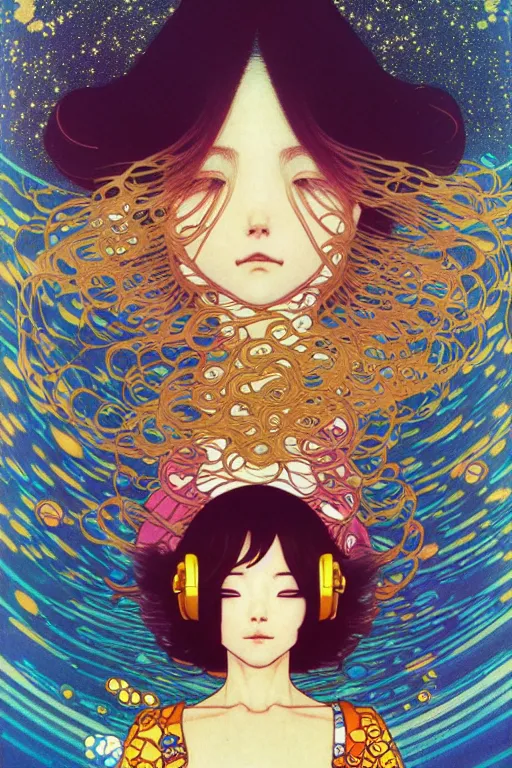 Prompt: a lonely girl floating in a spacestation, akihito yoshida, gustav klimt, yuya nagai, Ilya Kuvshinov, murata range, jean giraud, makoto shinkai, kawaii, alphonse mucha, matte colors, high saturation, detailed, 1990s