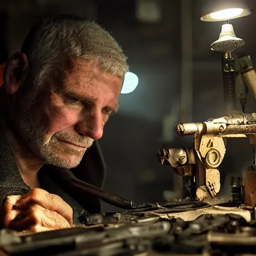 Image similar to inspecting intricate gun made from rusted cutlery, balding older cyborg with jeweller's loupe for eyes, with orange led light, smoking soldering iron, dark messy cluttered workshop, dark, dramatic lighting, cinematic, highly detailed, sci - fi, futuristic, movie still from blade runner