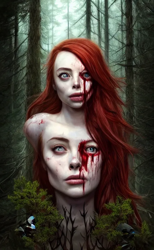 Image similar to surrounded by trees, realistic character concept, gorgeous Kacey Rohl, red hair, small freckles, Wendigo creature antlers deer skull face, symmetrical face, symmetrical eyes, full body, covered in blood, dark forest, trees, shorter neck, cinematic lighting, Joshua Middleton and artgerm, fear anxiety terror