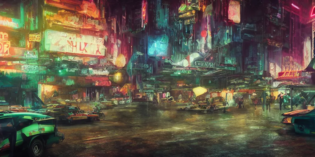 Image similar to a guatemalan cyberpunk city market with neon ads and signs with evocative dramatic mood with blade runner vibe with cars and floating vehicles with motion blur with depth of field with bloom with lightshaft with volumetric lights, fog, by jeremy mann, alberto mielgo, oscar winning graphics, photo realistic, bloom, imax, dynamic lighting, artstation,