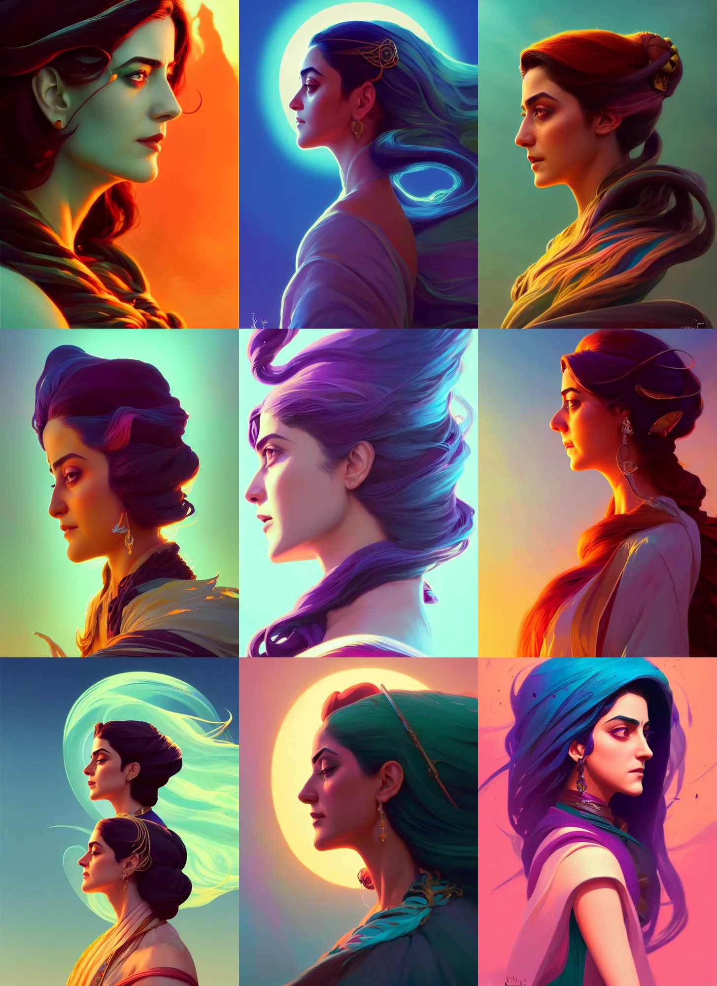 Prompt: side profile centered painted portrait, Maya Ali as a wind sorceress, D&D, matte painting concept art, art nouveau, beautifully backlit, swirly vibrant color lines, aesthetic octane render, 8K HD Resolution, by ilya kuvshinov and Cushart Krentz and Gilleard James