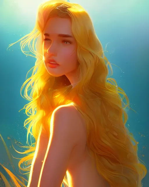 Image similar to summer vibes, beautiful sun goddess, flowy yellow golden hair, sun, summer, cinematic lighting, highly detailed, digital painting, trending on artstation, pixiv, concept art, sharp focus, illustration, art by ross tran and wlop