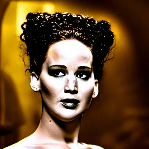 Image similar to jennifer lawrence as the bride of frankenstein, color photography, sharp detail, wicked smile, still from the movie underworld