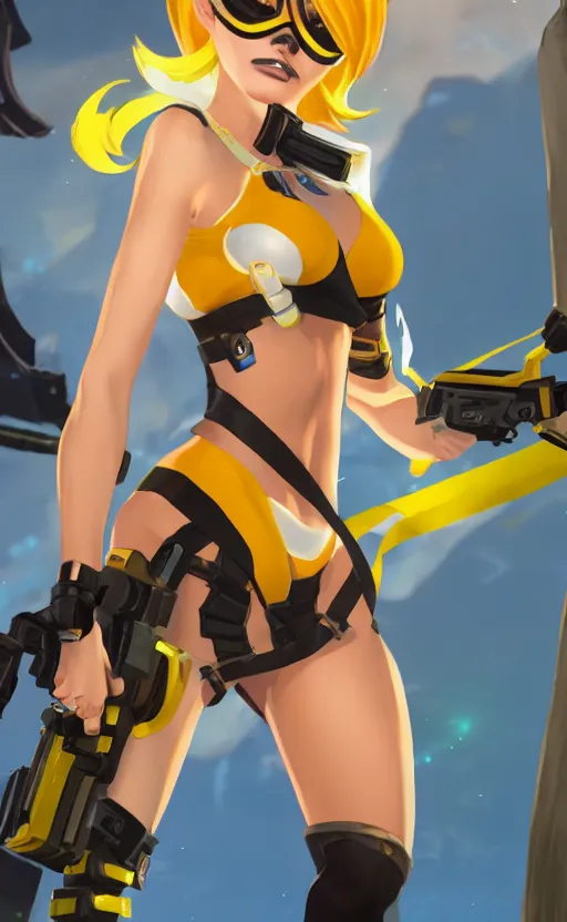 Image similar to tracer game character, in yellow bikini, blonde hair, black eyes, full height