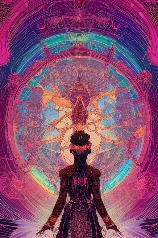 Prompt: the empress by travis charest and laurie greasley, detailed, kaleidoscope, psychedelic, cosmic energy by Kelly McKernan, yoshitaka amano, hiroshi yoshida, moebius, artgerm, cool tone pastel rainbow colors, inspired by dnd, iridescent aesthetic, centered symmetrical and detailed