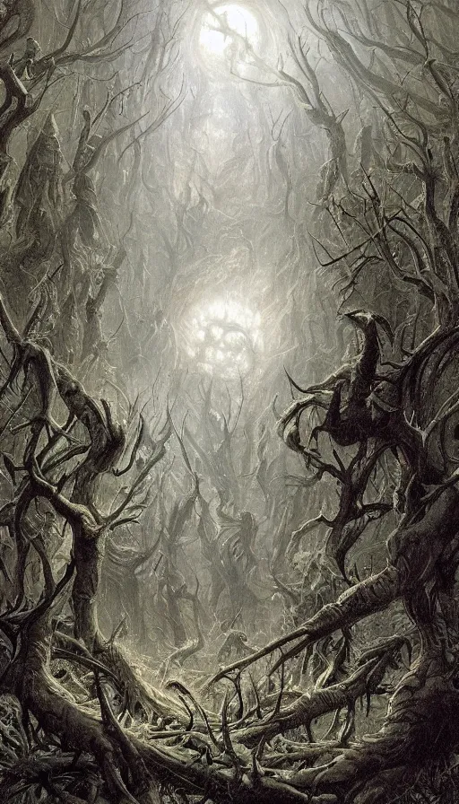 Image similar to a storm vortex made of many demonic eyes and teeth over a forest, by james gurney