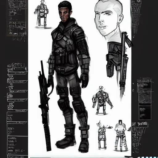 Image similar to ryan church concept art sketch cyberpunk solider black cloth character reference sheet