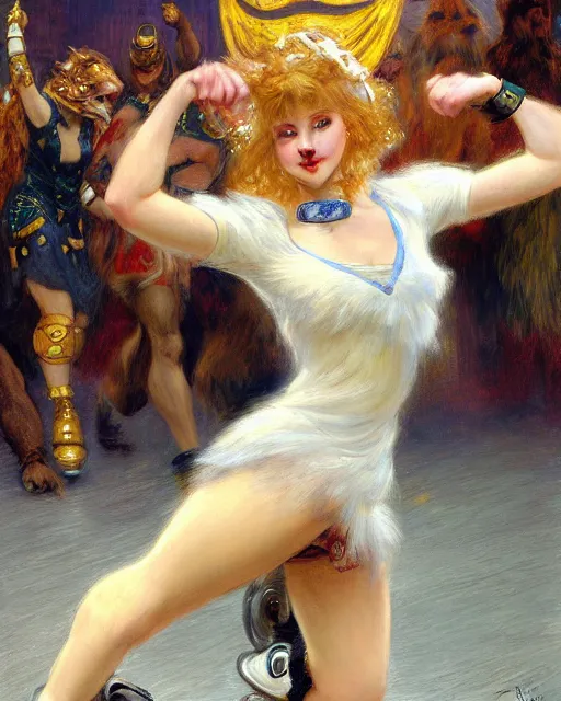 Image similar to white female anthro wolf skating at a roller derby, 4 k, trending on artstation, very expressive detailed face, energetic, action, motion blur, by gaston bussiere, craig mullins, j. c. leyendecker, gustav klimt, artgerm, greg rutkowski, alphonse mucha