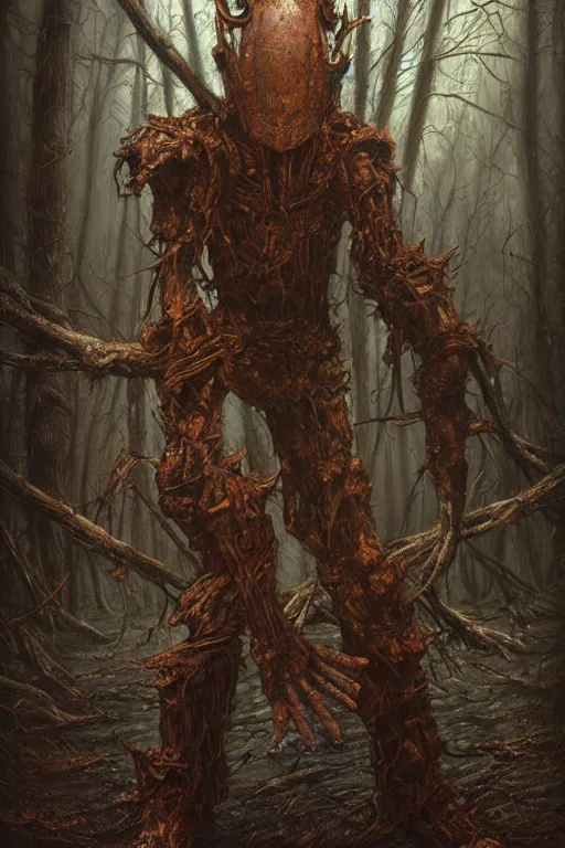 Prompt: a rusted swamp knight contorted with wood and sludge by tomasz alen kopera.