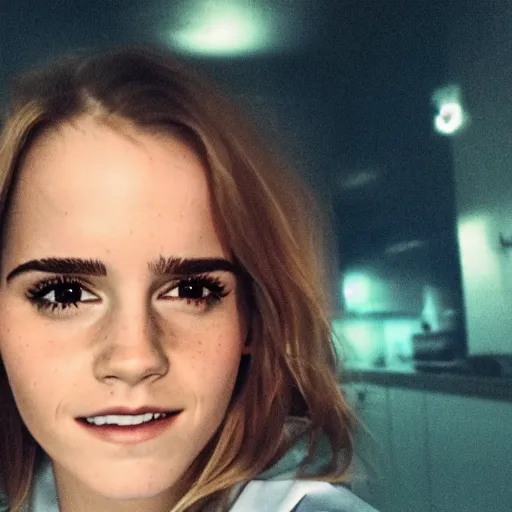 Image similar to photo, close up, emma watson in nurse scrubs, dim light, low light, fog, android cameraphone, snapchat story screenshot, 2 6 mm,