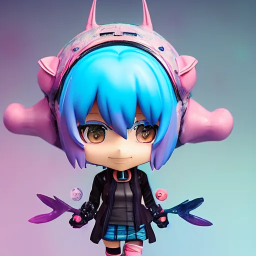 Image similar to a digital painting of a girl with a fish on her head, nendoroid 3 d, cyberpunk art by rosa lee, avetetsuya studios cgsociety, funk art, seapunk, anime aesthetic, rendered in maya