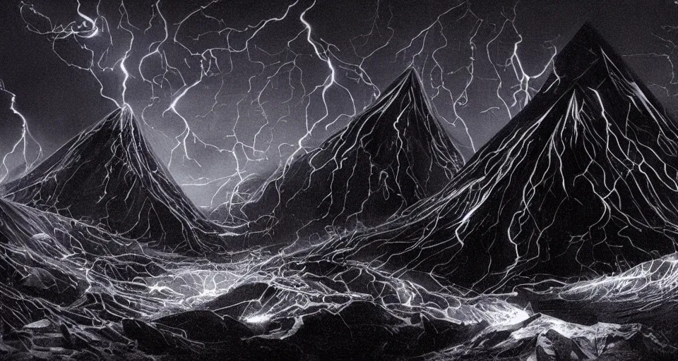 Image similar to black lovecraftian eldritch!! obsidian covered in etching pyramid!! purple light beams on a snowy mountain, being found by explorers, snowy, windy, by eugene von guerard, ivan shishkin, night, lightning!!, storm!, dramatic lighting, concept art, trending on artstation, 8 k