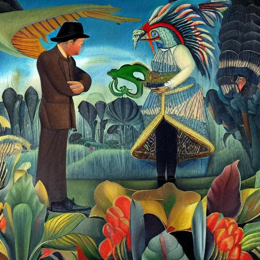 Image similar to high quality, high detail painting, dutch masterpiece, jim jarmusch, film noir, diego rivera, high garden scene with quetzalcoatl, hd, muted lighting